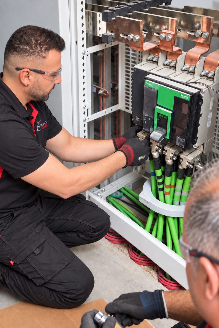 Técnico de Eclitec conectando un interruptor general en un cuadro eléctrico